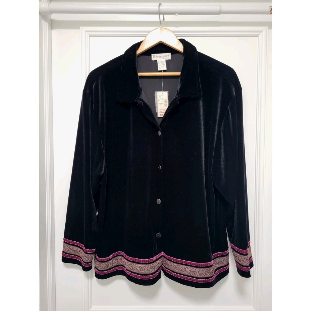 Vtg Deadstock DressBarn Black Velvet Purple Trim Button Up Top 14/16